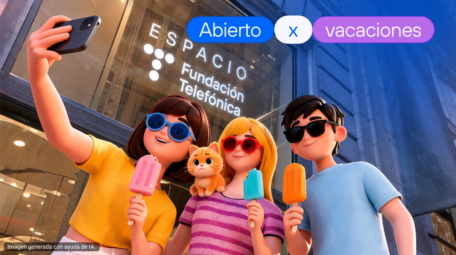 Tres amigos con gafas de sol posan para hacerse un selfi delante del escaparate de una tienda, cada uno con un polo de colores en la mano; un gatito está sentado en el hombro del que está en el medio.