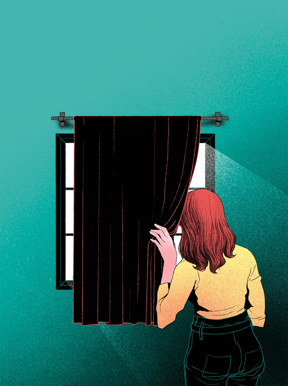 Ilustración de una mujer asomada a una venta na y oculta tras la cortina. Créditos: Laura Warchter