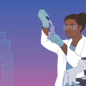 Two researchers in lab coats perform experiments: one uses a pipette on a flask, the other looks into a microscope, with a gradient skyline outline in the background.