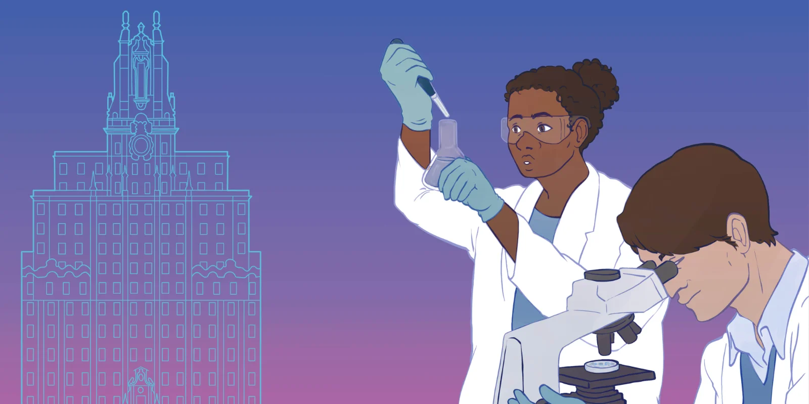 Ilustración de dos investigadores con bata blanca | Espacio Fundación Telefónica Two researchers in lab coats perform experiments: one uses a pipette on a flask, the other looks into a microscope, with a gradient skyline outline in the background.