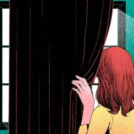 Ilustración de una mujer asomada a una venta na y oculta tras la cortina. Créditos: Laura Warchter
