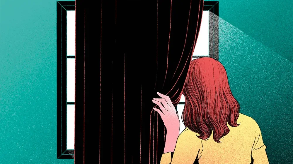 Ilustración de una mujer asomada a una venta na y oculta tras la cortina. Créditos: Laura Warchter | Espacio Fundación Telefónica Ilustración de una mujer asomada a una venta na y oculta tras la cortina. Créditos: Laura Warchter