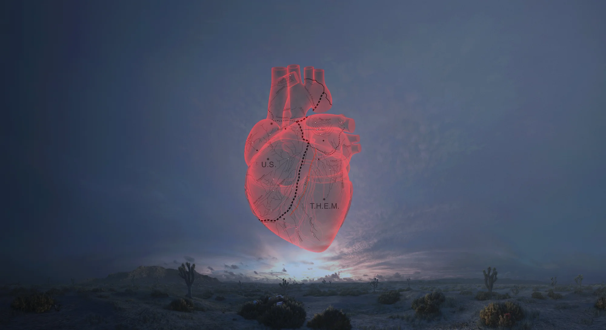 Un corazón humano dividido por una línea fronteriza flota sobre el desierto. Imagen nocturna.