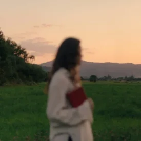 Una chica sujeta un libro al atardecer en mitad de un prado