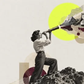 Woman in vintage clothing on rocks peers through a telescope; a collage of mountains, moon, compass and hourglass bursts from it.